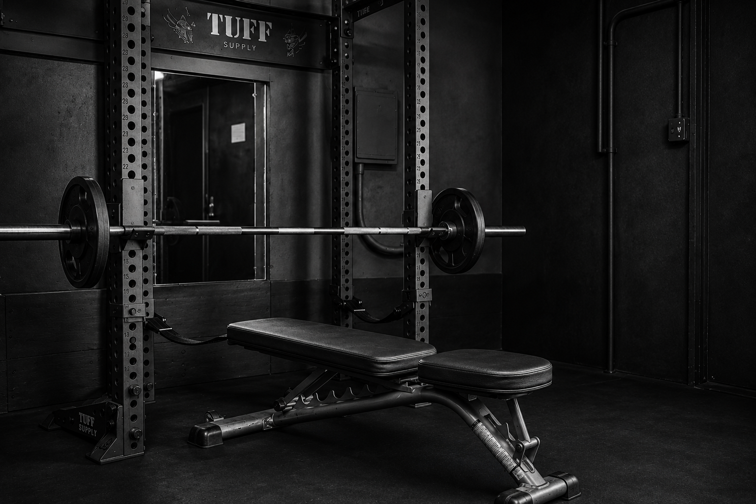 Squat rack and bench inside Raw Iron Gym OC in Irvine