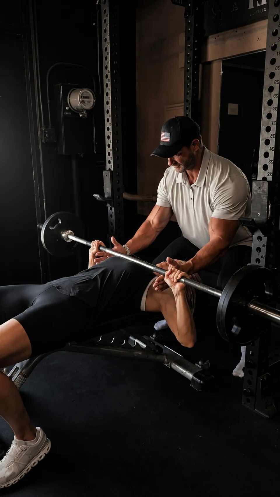 Robin Hofer providing hands-on bench press coaching in a private gym